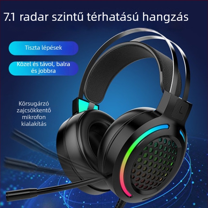 RGB USB gamer fejhallgató mikrofonnal, 7.1 térhatású hanggal, vezetékes