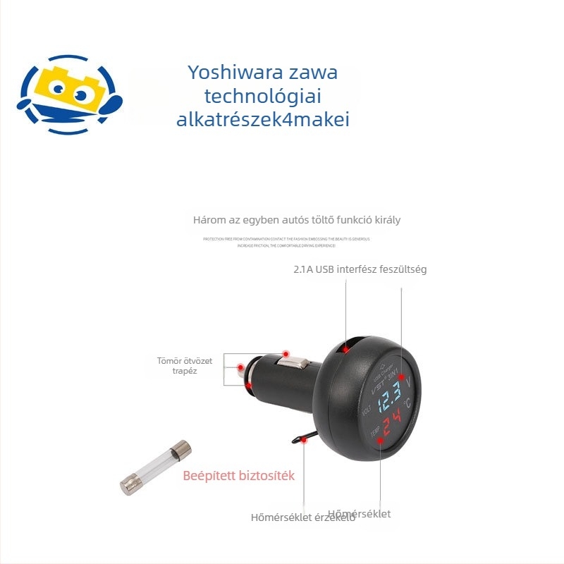 Autós szívódugó aljzat 3 az 1-ben, digitális feszültség- és hőmérséklet-kijelzővel, többfunkciós