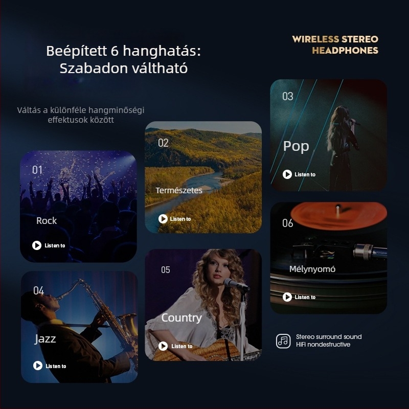 Privát modellű Bluetooth fejhallgató, over-ear, vezeték nélküli, kártyahely, zajcsökkentés, játékok/e-sport, univerzális a telefonhoz és laptophoz