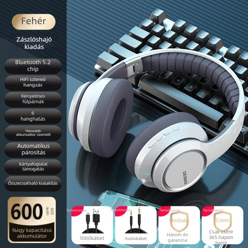 Privát modellű Bluetooth fejhallgató, over-ear, vezeték nélküli, kártyahely, zajcsökkentés, játékok/e-sport, univerzális a telefonhoz és laptophoz