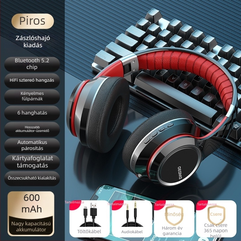 Privát modellű Bluetooth fejhallgató, over-ear, vezeték nélküli, kártyahely, zajcsökkentés, játékok/e-sport, univerzális a telefonhoz és laptophoz