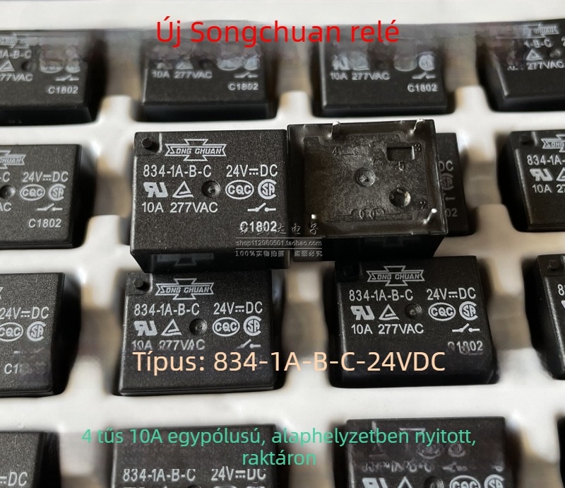 834-1A-B-C, 24V DC, 4-tűs relé, 10A, SPST-NO