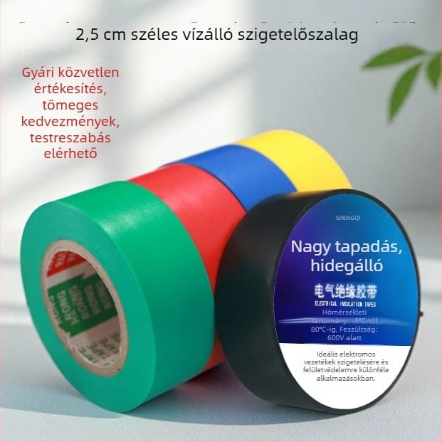 Szélesített típusú 2,5 cm széles PVC elektromos szigetelő szalag, vízálló, hőálló, fekete, két színű lángellenálló