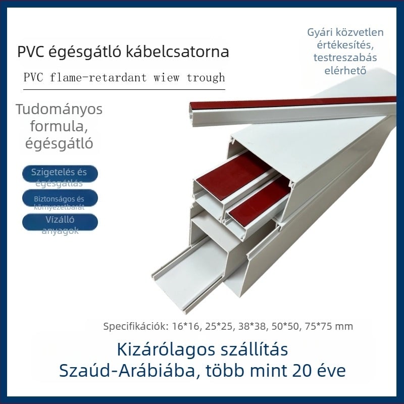 PVC négyszögletes kábelcsatorna, öntapadós, felületre szerelhető, 16x16–75x75 mm