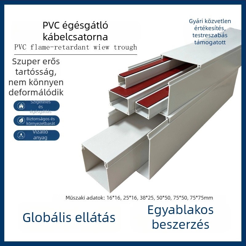 PVC négyszögletes kábelcsatorna, öntapadós, felületre szerelhető, 16x16–75x75 mm