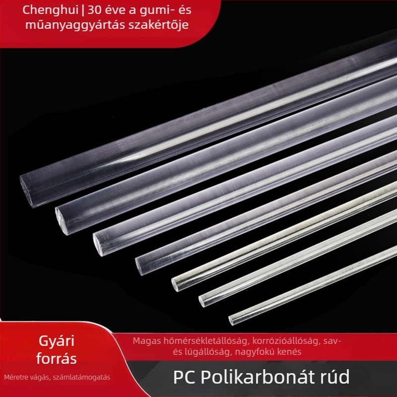 Polikarbonát rúd, rendkívül átlátszó, tömör kör alakú rúd, fekete, hőálló, hossz méretre igazítható