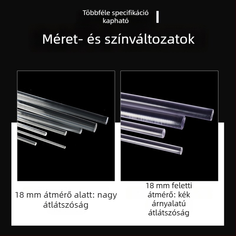 Polikarbonát rúd, rendkívül átlátszó, tömör kör alakú rúd, fekete, hőálló, hossz méretre igazítható