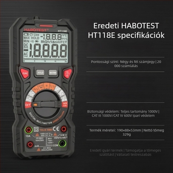 HT118E Multiméter elektromérnököknek, 20 000 számolás, automata tartományválasztás, valódi RMS, két színű háttérvilágítás, égés elleni védelem NCV