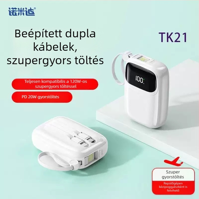 3C-tanúsítvánnyal rendelkező hordozható akkumulátor beépített kábellel, 120W + PD20W gyorstöltés, digitális kijelző, 10000mAh, kompakt mini power bank