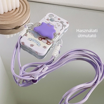 Lila Cartoon Ditto telefontok hátlapi klippel, hosszú nyakpánt és crossbody vállpánt, fonott kötél, tartós