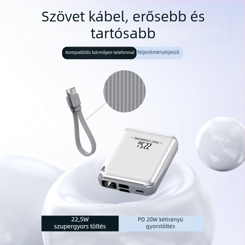 Új 22,5W gyorstöltésű power bank 10000mAh, nagy kapacitású hordozható töltő beépített kábellel