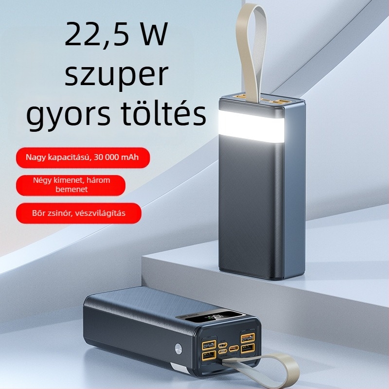 30000 mAh Power Bank, 22,5W PD gyors töltés, nyakpántos, hordozható