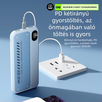 Külső akkumulátor 20000 mAh, 22,5 W kétirányú gyorstöltéssel, ultra vékony, beépített kábel és digitális kijelző