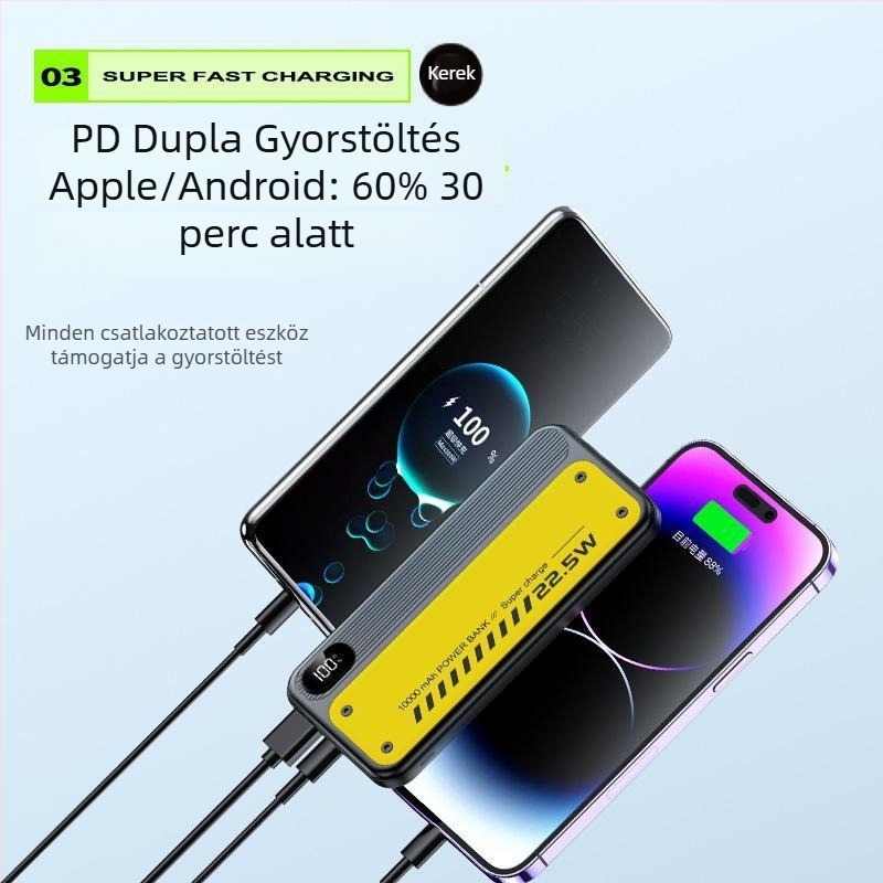 Külső akkumulátor 20000 mAh, 22,5 W kétirányú gyorstöltéssel, ultra vékony, beépített kábel és digitális kijelző
