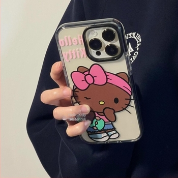 KT Cat telefontok Instagram-stílusban, fekete bőr, iPhone 14 Pro Max-hoz