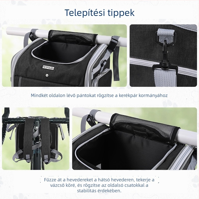 Kerékpárvázra szerelhető kutyaszállító táska, nagy kapacitású, bővíthető kerékpárkosár, repülőútra jóváhagyott