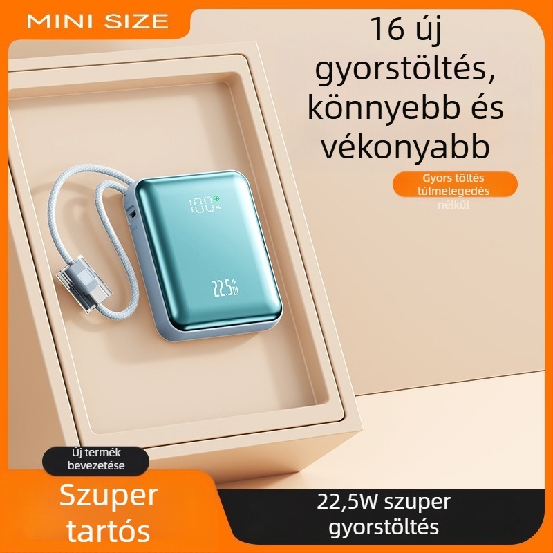 Mini 10000mAh külső akkumulátor beépített kötött kábelrel és PD 2.0 gyors töltéssel