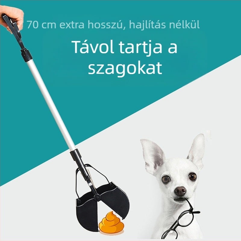 Hosszú nyelű kutyaürülék-gyűjtő, klipsz a zacskókhoz, kis- és nagytestű kutyáknak