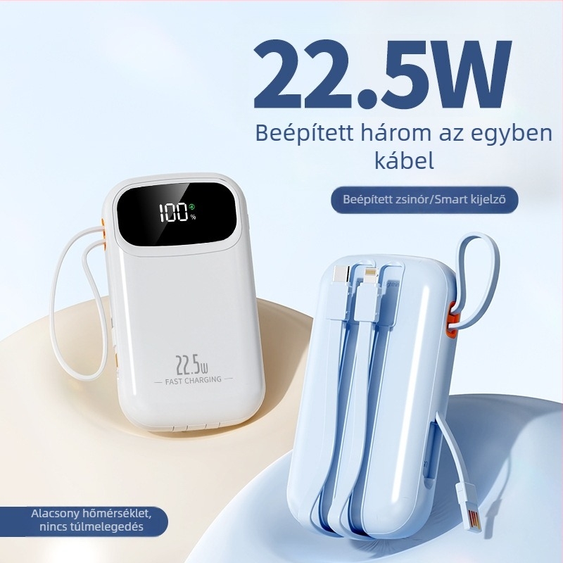 Beépített kábeles power bank 22,5W gyors töltéssel, hordozható, 10000 mAh, egyedi logó