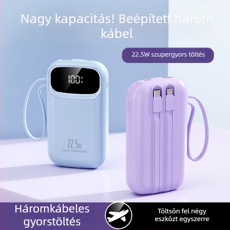 Beépített kábeles power bank 22,5W gyors töltéssel, hordozható, 10000 mAh, egyedi logó