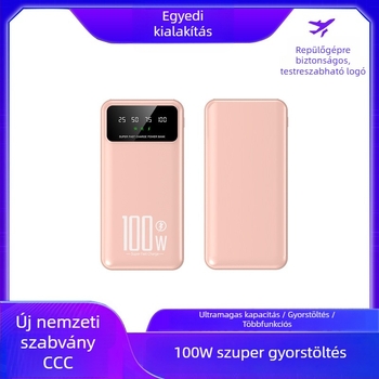 KC Beépített kábellel rendelkező külső akkumulátor, 20 000 mAh, 100 W PD gyors töltés, nagy kapacitás, hordozható, testre szabható