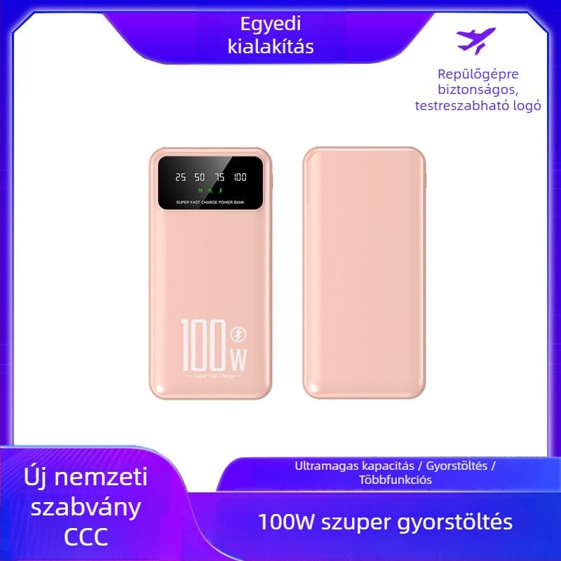 KC Beépített kábellel rendelkező külső akkumulátor, 20 000 mAh, 100 W PD gyors töltés, nagy kapacitás, hordozható, testre szabható