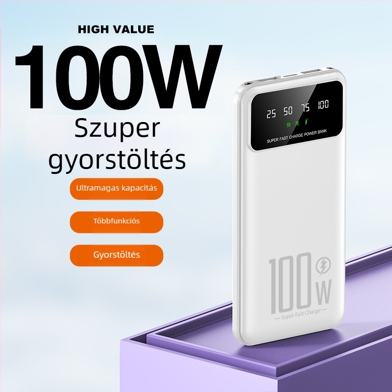 KC Beépített kábellel rendelkező külső akkumulátor, 20 000 mAh, 100 W PD gyors töltés, nagy kapacitás, hordozható, testre szabható