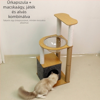 Tömörfa macskafa fészekkel és karcoló táblával, oszlopos macskavilla és háromdimenziós felmászóplatform