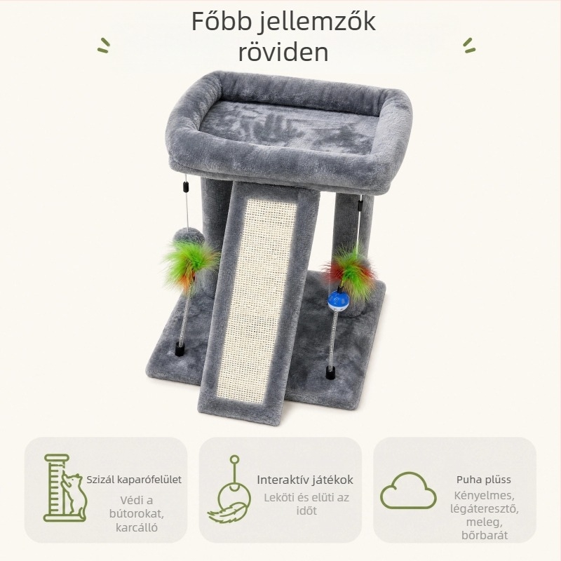 Kis lakásokhoz tervezett multifunkcionális macskamászófa integrált ugróplatformdal