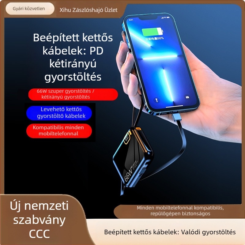 Beépített kábellel rendelkező 10000mAh-s power bank, kompakt nagy kapacitású hordozható töltő, rajzfilmszerű dizájn, PD3.0 gyors töltés