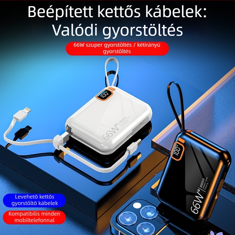 Beépített kábellel rendelkező 10000mAh-s power bank, kompakt nagy kapacitású hordozható töltő, rajzfilmszerű dizájn, PD3.0 gyors töltés