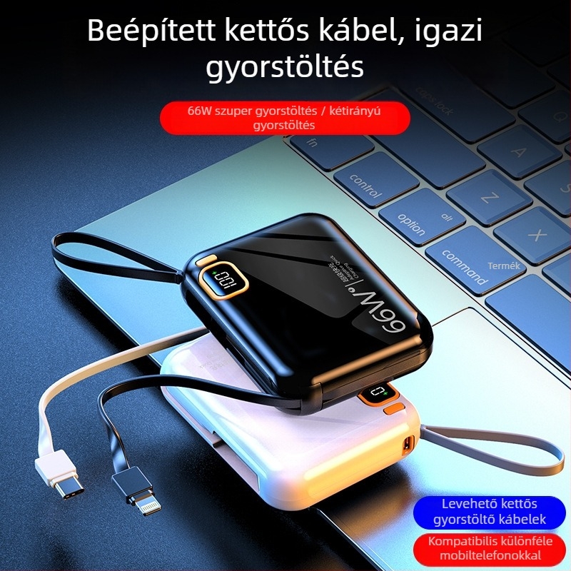 Beépített kábellel rendelkező 10000mAh-s power bank, kompakt nagy kapacitású hordozható töltő, rajzfilmszerű dizájn, PD3.0 gyors töltés