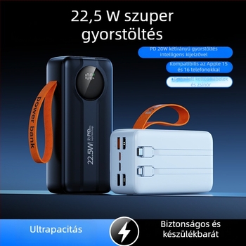 Kültéri power bank 50 000 mAh, digitális kijelzővel, beépített kábellel és USB kimenettel, PD 3.0 gyorstöltés