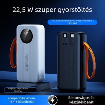 Kültéri power bank 50 000 mAh, digitális kijelzővel, beépített kábellel és USB kimenettel, PD 3.0 gyorstöltés