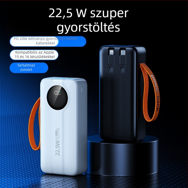 Kültéri power bank 50 000 mAh, digitális kijelzővel, beépített kábellel és USB kimenettel, PD 3.0 gyorstöltés