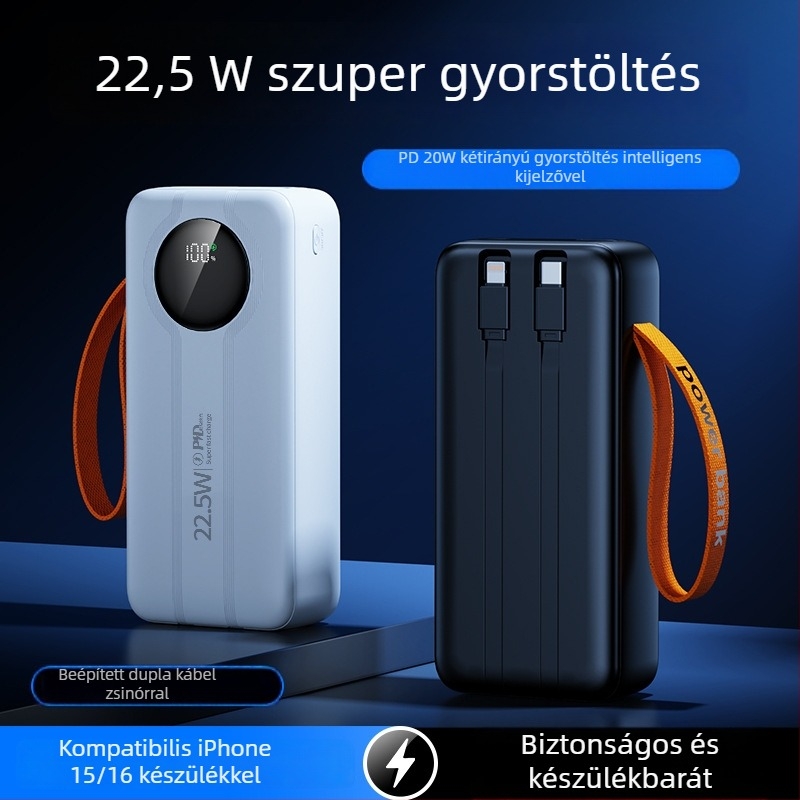 Kültéri power bank 50 000 mAh, digitális kijelzővel, beépített kábellel és USB kimenettel, PD 3.0 gyorstöltés