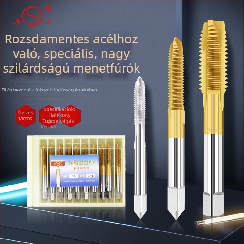 Titán bevonatú nagy szilárdságú menetfúró 304-es rozsdamentes acélhoz, méretek M3–M12