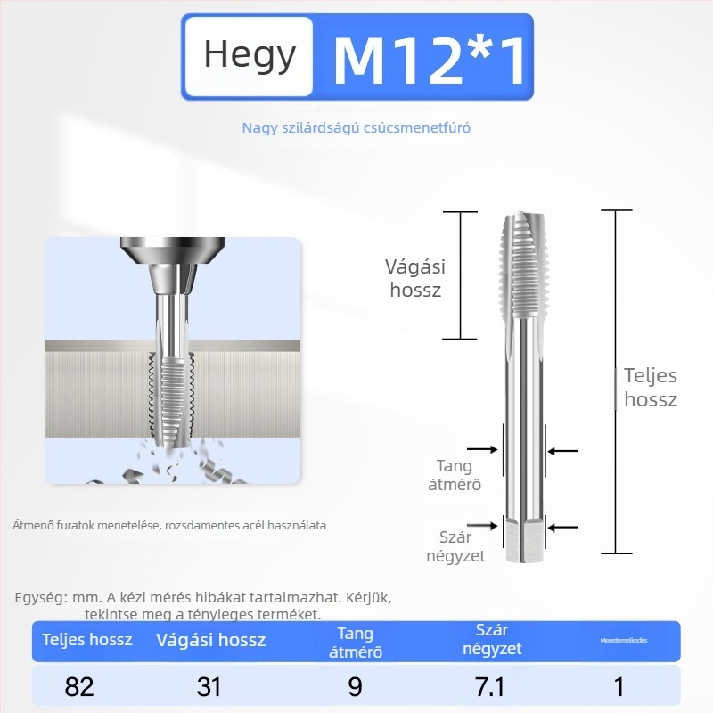 Titán bevonatú nagy szilárdságú menetfúró 304-es rozsdamentes acélhoz, méretek M3–M12