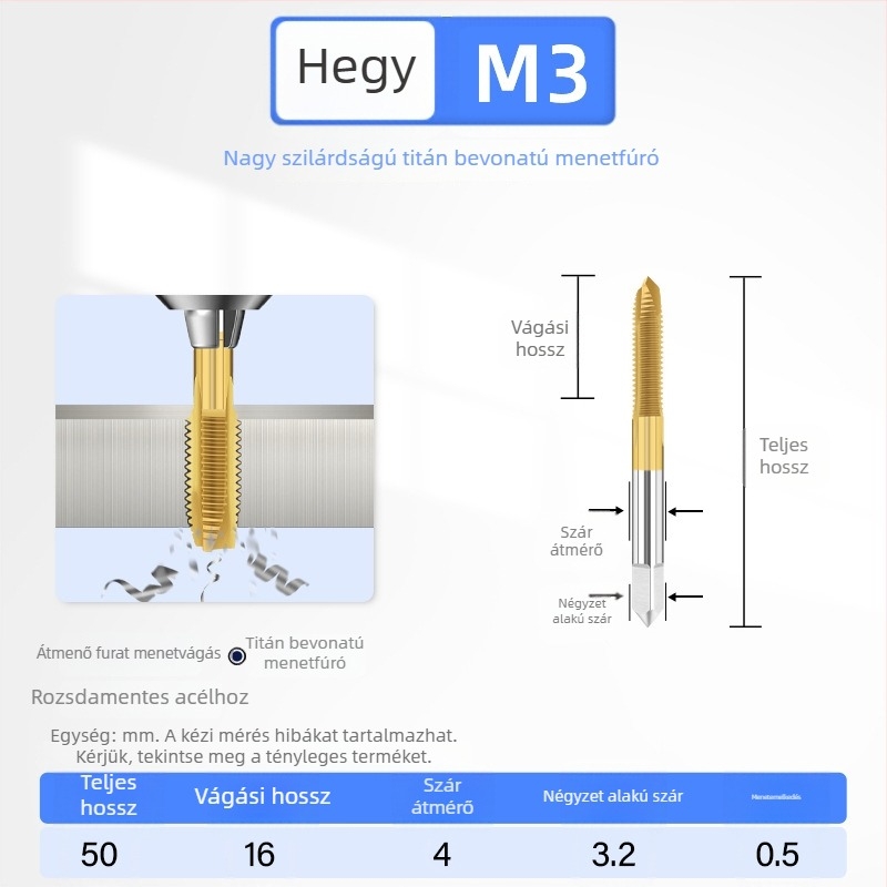 Titán bevonatú nagy szilárdságú menetfúró 304-es rozsdamentes acélhoz, méretek M3–M12