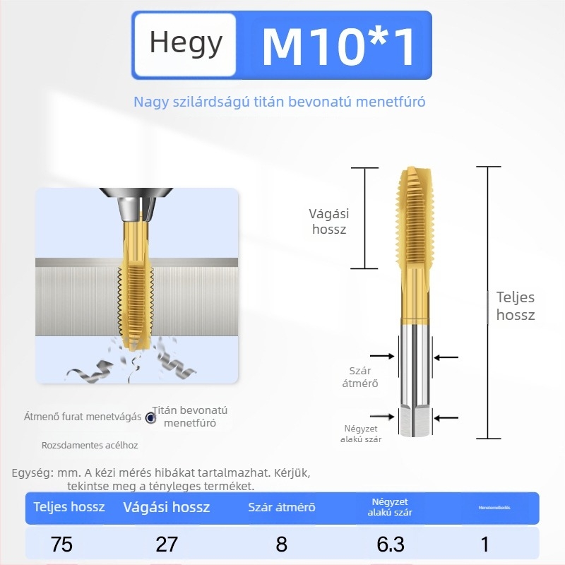 Titán bevonatú nagy szilárdságú menetfúró 304-es rozsdamentes acélhoz, méretek M3–M12