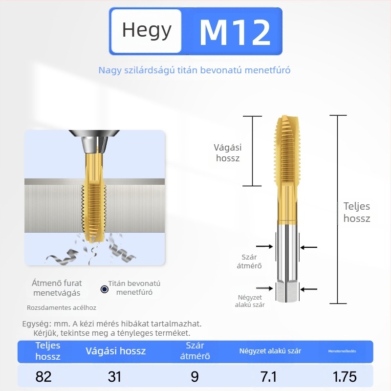 Titán bevonatú nagy szilárdságú menetfúró 304-es rozsdamentes acélhoz, méretek M3–M12