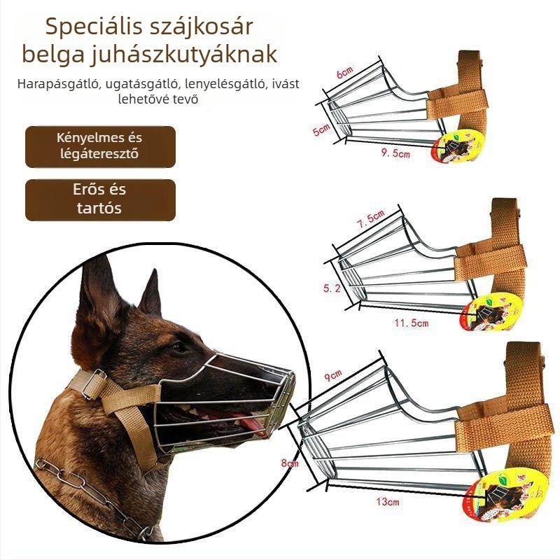 Fém szájkosár közepes és nagy testű kutyák számára; harapás-, ugatás- és rágás elleni védelem; Malinois és német juhászkutya számára megfelelő