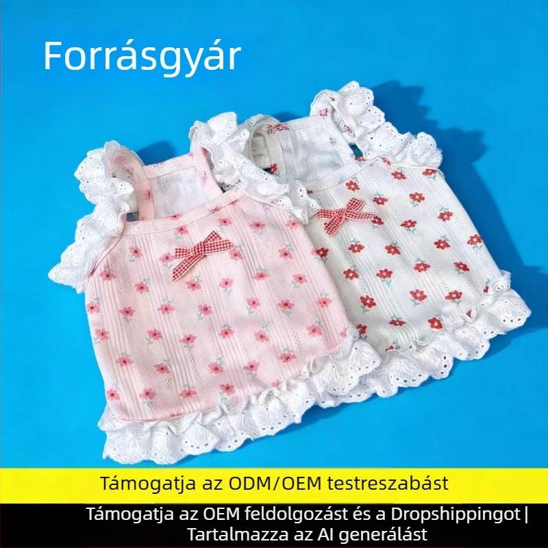 Tavasz–nyári virágos csipkés pántos kutyaruha, hercegnő-stílusú