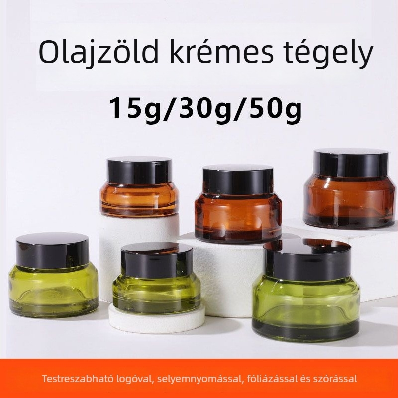 Dőlt vállú üveg krémhez – olívazöld és teás színű változatban kozmetikumokhoz, testápolóhoz és szemkrémhez