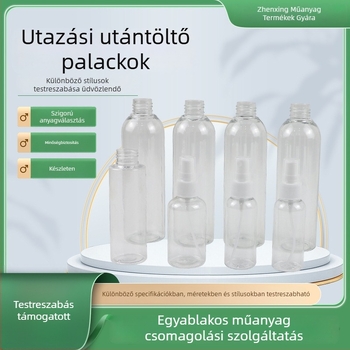 Utazó újratölthető üveg, nyomógombos átlátszó permetező, műanyag permetező üveg, háztartási kozmetikai spray üveg, PET finom köd újratölthető üveg