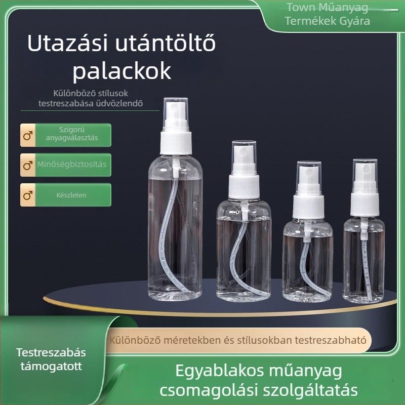 Utazó újratölthető üveg, nyomógombos átlátszó permetező, műanyag permetező üveg, háztartási kozmetikai spray üveg, PET finom köd újratölthető üveg