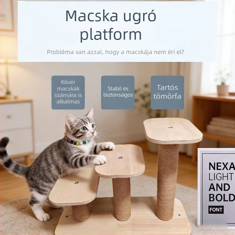 Masszív fa macskafát lépcsőzetes kialítítással, integrált szisal karmolóoszloppal, macska polccal és ugró platformával, létra játékkal