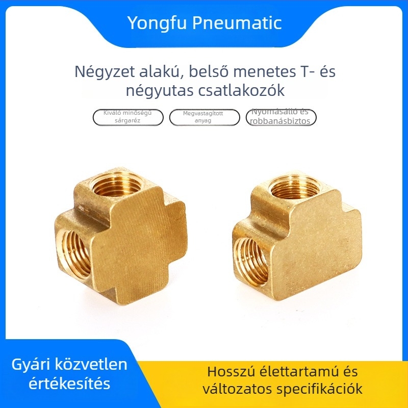 Réz belsőmenetes négy- és háromútú pneumatikus gyorscsatlakozó, négyzet alakú blokk