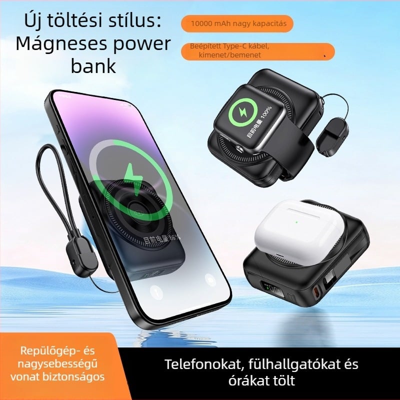 Három az egyben gyors töltésű mágneses töltőbank 10000 mAh, kábelrel, telefonokhoz, fülhallgatókhoz és órákhoz