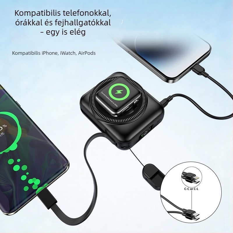 Három az egyben gyors töltésű mágneses töltőbank 10000 mAh, kábelrel, telefonokhoz, fülhallgatókhoz és órákhoz